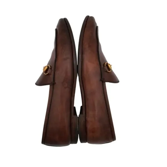Gucci Jordaan Horsebit Flat Loafer Brown Leather Gold Slip On Size 38 US 8 - Picture 7 of 13